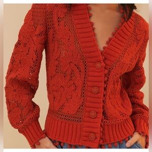 FARM Rio Red Crochet Knit Cardigan